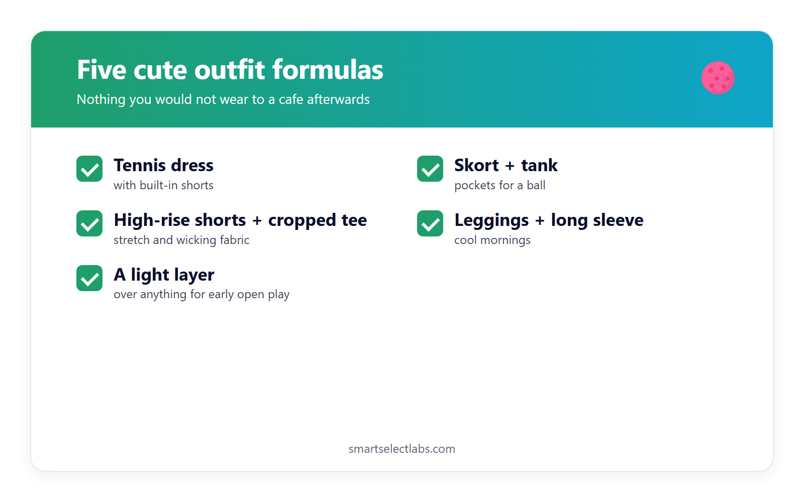 Cute pickleball outfits card: five outfit formulas, a tennis dress with built-in shorts, skort and tank, high-rise shorts and cropped tee, leggings and long sleeve for cool mornings, and a light layer for early open play