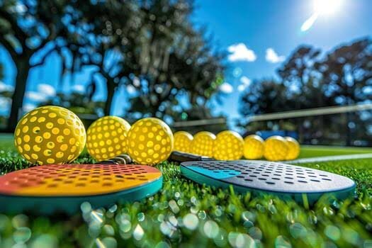 A pickleball paddle and ball on the court