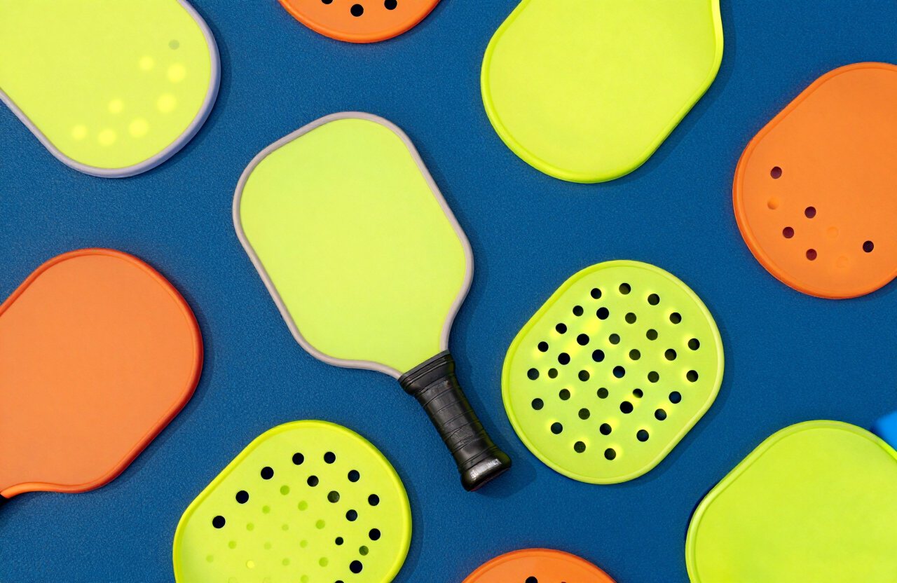 Yellow and orange pickleballs and paddles on a blue court
