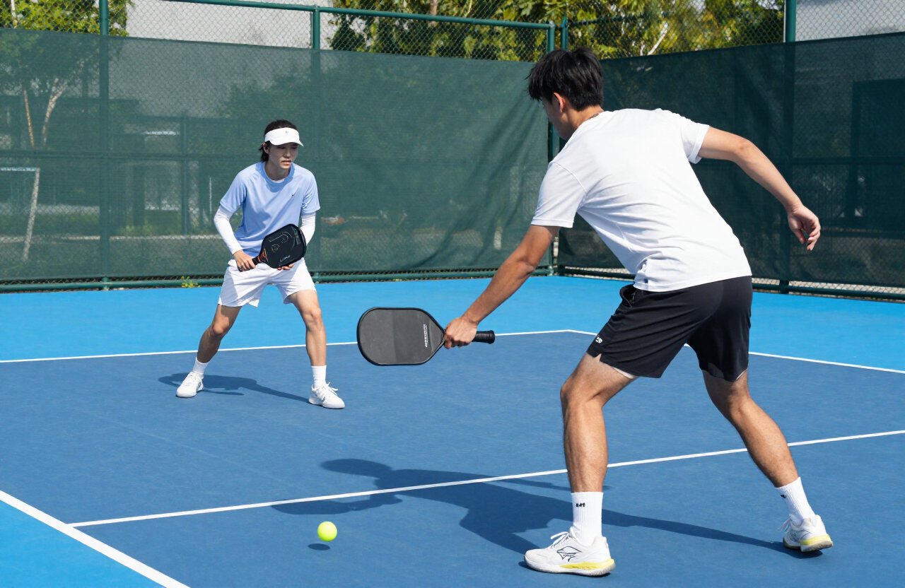 Two players at the net on an outdoor pickleball court