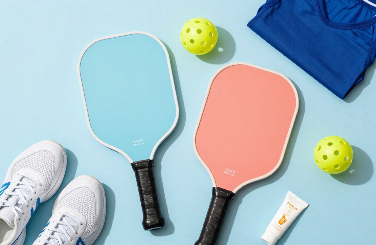 Paddles, balls, court shoes, a sports top and sunscreen laid out together