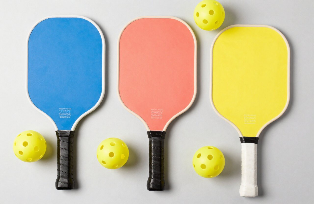Three pickleball paddles and yellow balls on a blue background