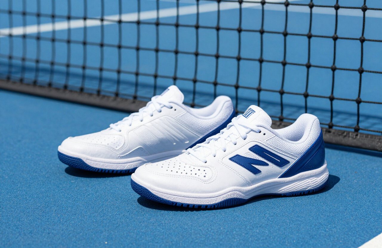 White court shoes with blue trim on an outdoor pickleball court