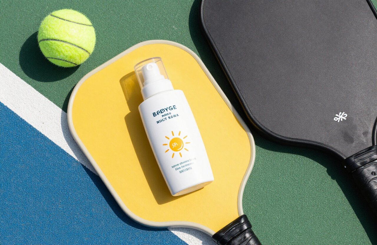 Sunscreen beside a paddle and balls on a green court