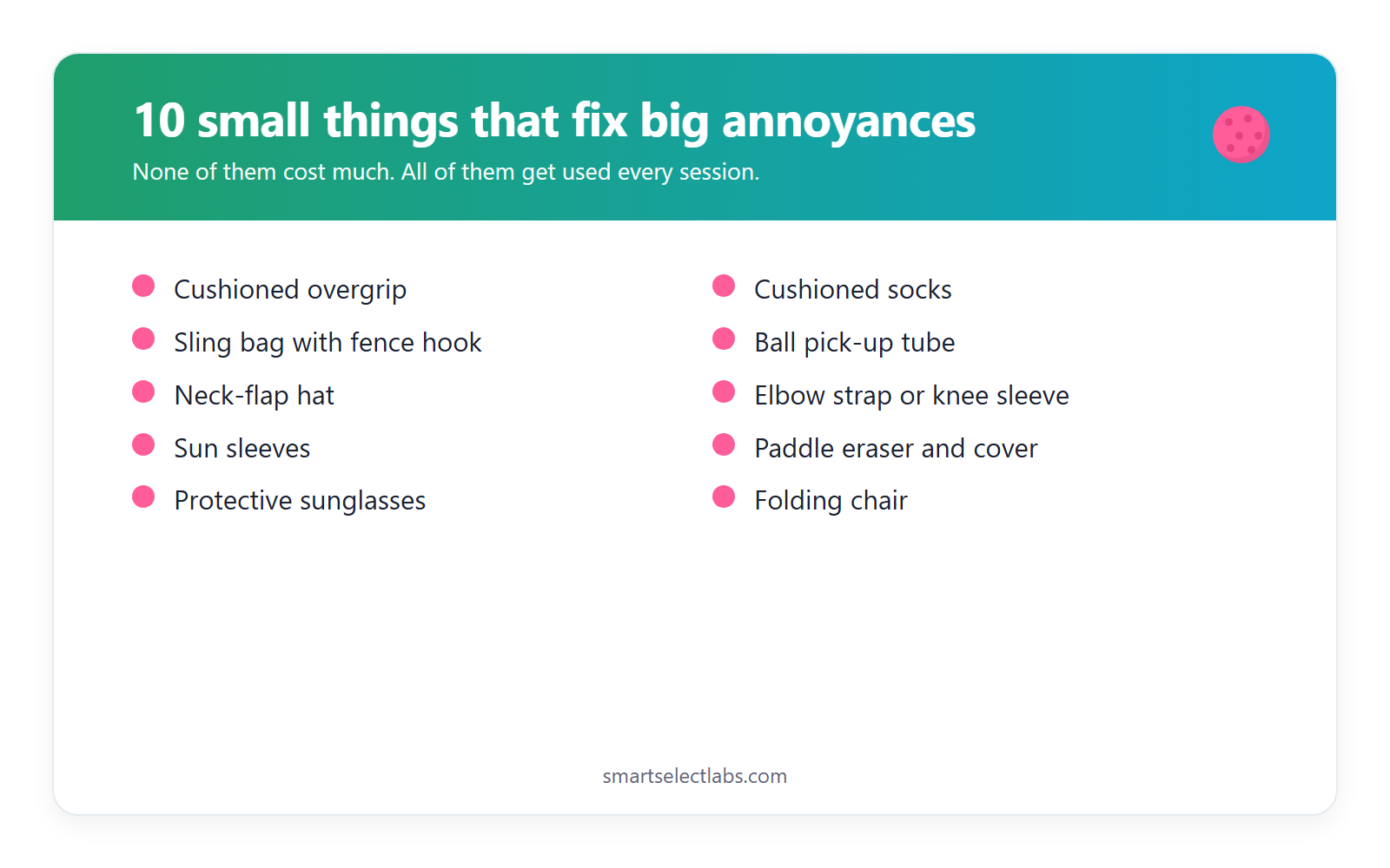 Graphic listing ten pickleball accessories that fix big annoyances, from a cushioned overgrip to a folding chair