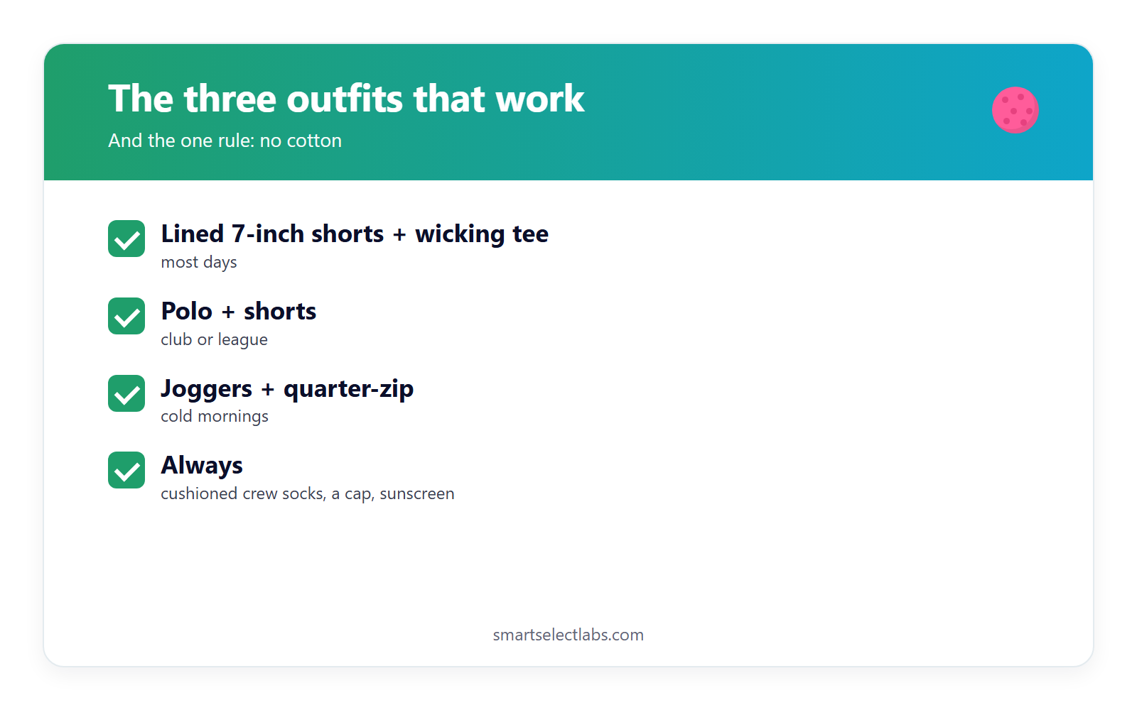 Pickleball outfits for men card: three outfits that work, lined 7-inch shorts and a wicking tee for most days, a polo and shorts for club or league play, joggers and a quarter-zip for cold mornings, plus cushioned crew socks, a cap and sunscreen